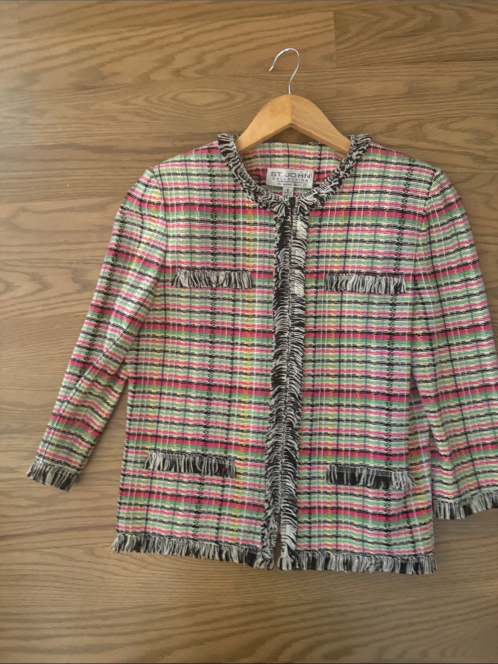 St. John Pink, Green & White Tweed Fringed Blazer